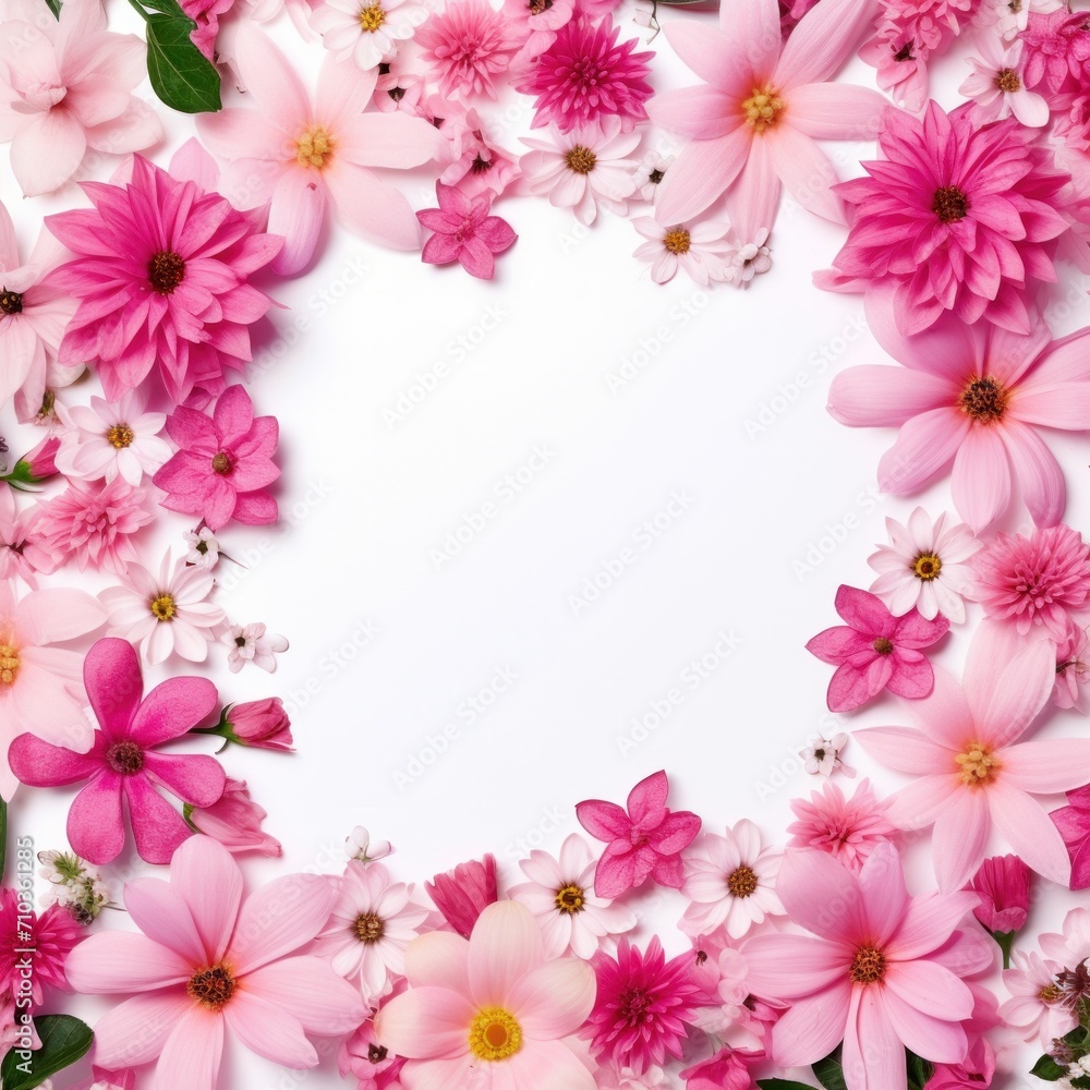 Many pink flowers mixed floral background frame with white space, postcard design, greeting card format. Many pink flowers mixed floral background frame with white space, postcard design, greeting card format.