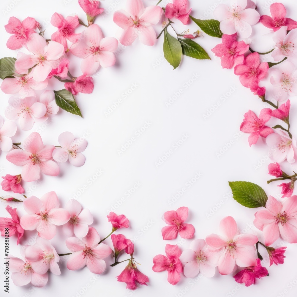 Fototapeta premium Many pink flowers mixed floral background frame with white space, postcard design, greeting card format.