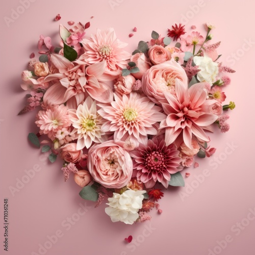 A combination of pastel pink flowers and heart-shaped green leaf petals on the background. Valentine's Day bride at wedding love greeting card
