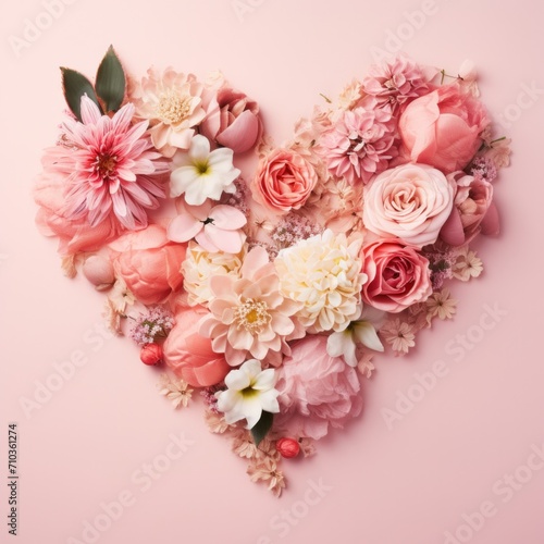 A combination of pastel pink flowers and heart-shaped green leaf petals on the background. Valentine's Day bride at wedding love greeting card © ORG