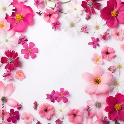Many pink flowers mixed floral background frame with white space, postcard design, greeting card format.