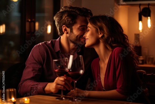 Adorable young couple kissing  drinking wine  having a romantic dinner date celebrating Valentine s Day in a restaurant.