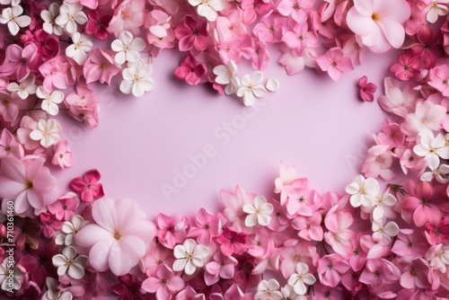 Many pink flowers mixed with floral background frame with colored empty space, view above.
