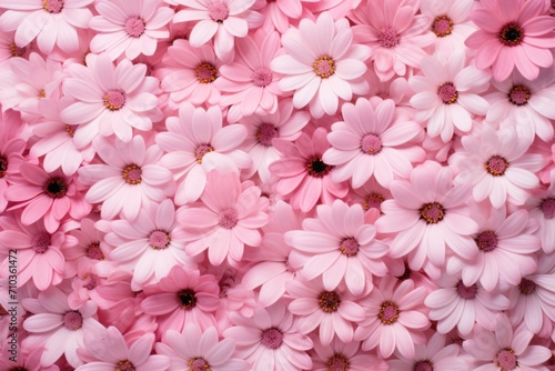 Many pink flowers mixed with floral background frame with colored empty space, view above.