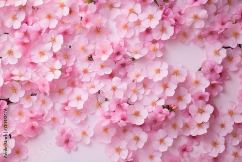 Many pink flowers mixed with floral background frame with colored empty space  view above.