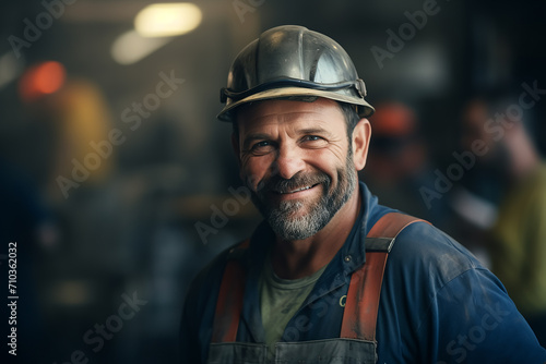 happy labor man side face blurry background, closeup  photo