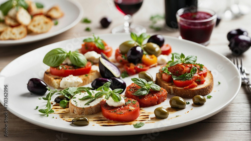 Italian inspired veg food plate on a white wooden table in a restaurant showcase classics like caprese salad, eggplant Parmesan, bruschetta, and a bowl of olives