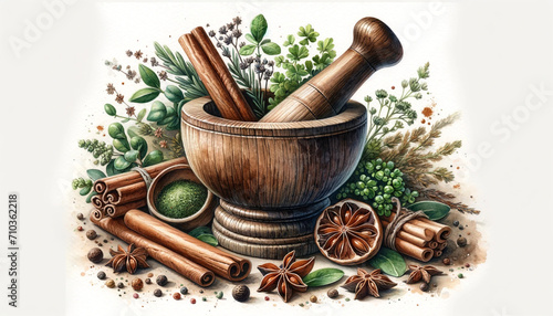 Watercolor Painting of Mortar and Pestle with Herbs and Spices