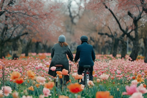 School girls delight in a tandem bike ride through a blooming garden
