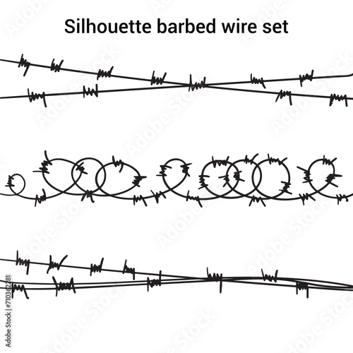 Barbed wire set isolated on white background silhouette, vector background. Barbed wire, seamless
