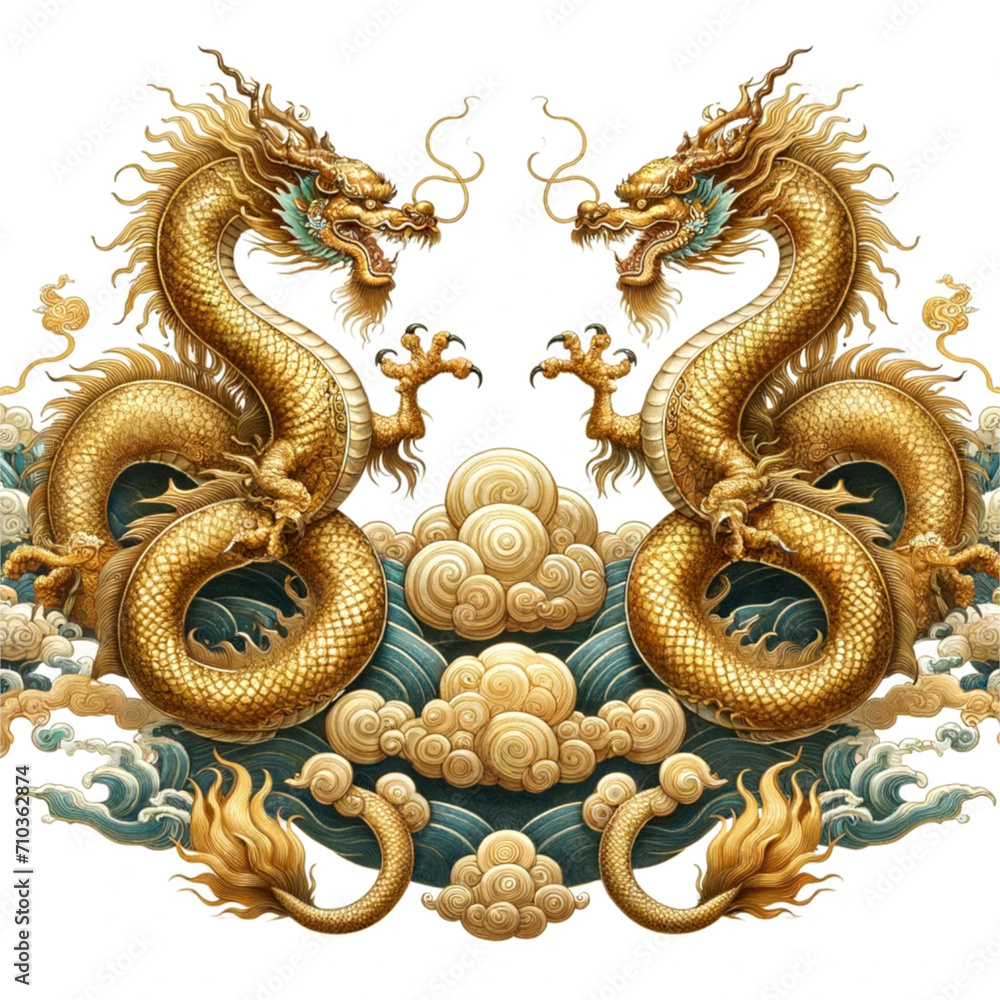 Obraz premium watercolor illustrations of two mythical gold dragons on a cloud, designed in a traditional Chinese style with a center isolated white background. 