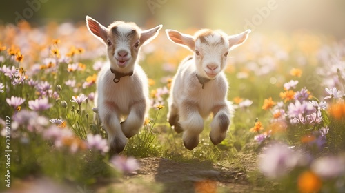 Adorable young goats frolicking in a flower-filled pasture. Agricultural animals