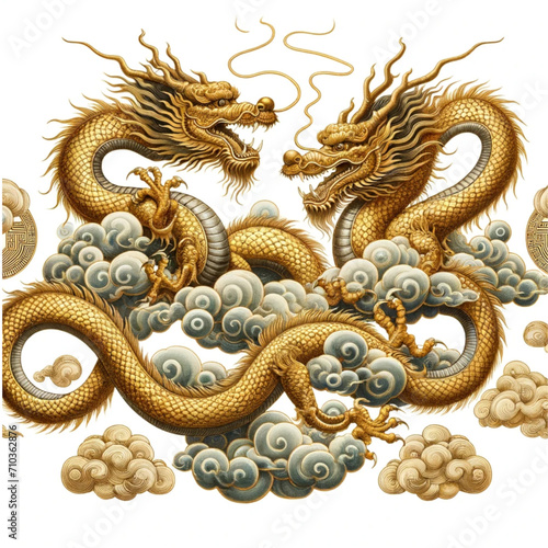 Wallpaper Mural  watercolor illustrations of two mythical gold dragons on a cloud, designed in a traditional Chinese style with a center isolated white background.  Torontodigital.ca