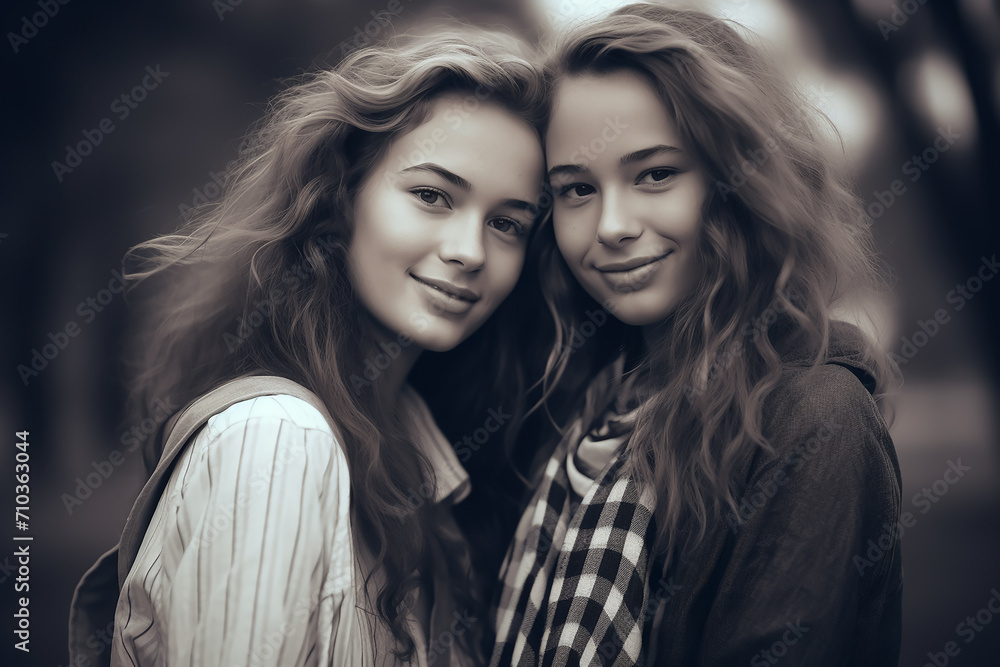 Fototapeta premium Tow happy friends, black and white footage 