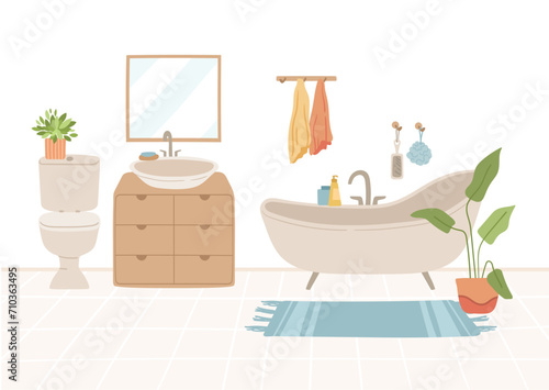 Flat cozy interior, bathroom with furniture and decor illustration, vector hand drawn design. Home decorations for modern interior. bath, toilet, dresser, mirror, carpet, houseplant,