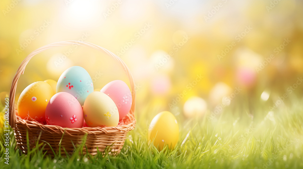 Osterkorb mit frischen bunten Eiern Osterkorb mit frischen bunten Eiern