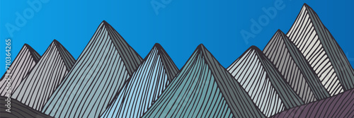 Drawing mountains with lines. Mountain landscape sketch, pen drawing.