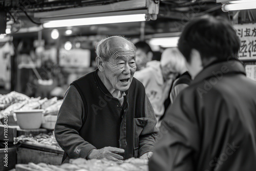 Dynamic business interactions at Tsukiji Fish Market, Tokyo, where buyers and sellers engage in the lively commerce of Japan's renowned seafood © Paniti