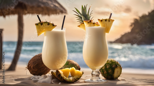 Two summer coconut milk cocktails with a slice of pineapple on the table on a sunny beach. Pina colada photo