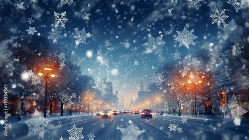 winter  snowfall  blurred urban background  snowflake illustration in street traffic  abstract festive backdrop