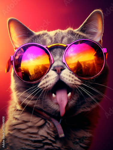 Portrait of a funny cat wearing sunglasses on colorful gradient background.