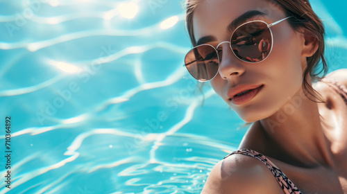 Portrait of a beautiful young woman relaxing in water of a luxury swimming pool close up, serene and quiet caucasian luxury female at pool in summer background photo