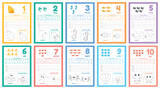 Many games on one page for kids education. Set of worksheets for preschool kid. Trace, color, count