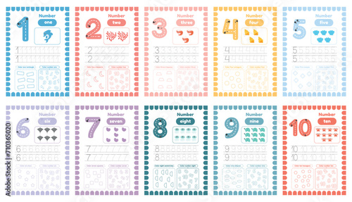 Learning numbers flashcards for preschool kids from 1 to 10. Set of activity worksheets with tracing photo