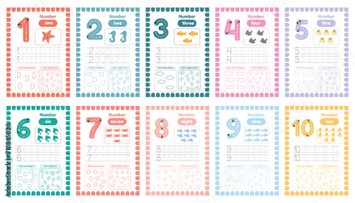 Learning numbers flaskcards for preschool kids. Set of activity worksheets with tracing