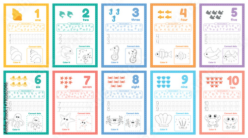 Many games on one page for kids education. Set of worksheets for preschool kid. Trace, color, count