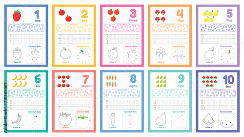 Set of learning numbers flashcards for preschool kids from 1 to 10. Activity worksheets with many exersices