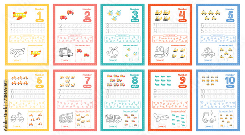 Set of flashcards with numbers for preschool kids from 1 to 10. Worksheets with many exersices photo