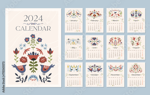 Folk hygge style calendar 2024, whole year calendar printable template A4 format with folklore motif with flowers and birds, hand drawn vector design