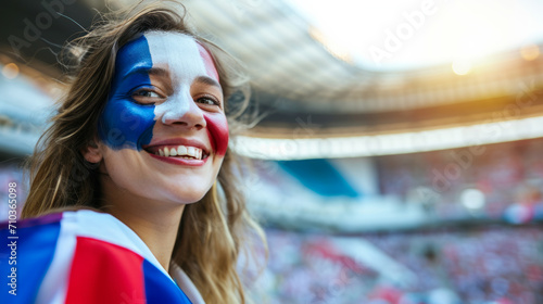 Happy French woman supporter with face painted in French flag colors, blue white and red, fan at a sports event such as football or rugby match, blurry stadium background and copy space photo