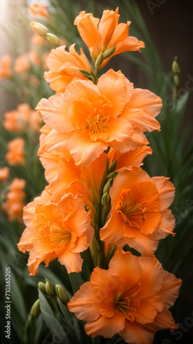 large beautiful light orange gladiolus flower on a summer