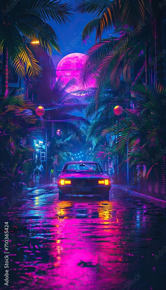 a neon car in jungle street with colorful neon moon a neon car in jungle street with colorful neon moon