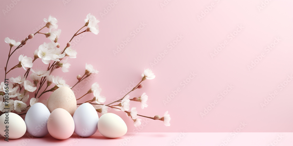 Elegant Easter setup with pastel eggs and blooming cherry branches against a soft pink background. The overall mood of the card is calm and serene evoking feelings of springtime warmth and renewal