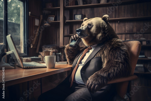 brown bear businessman in suit sits in office and using mobile phone, Generative AI © dobok