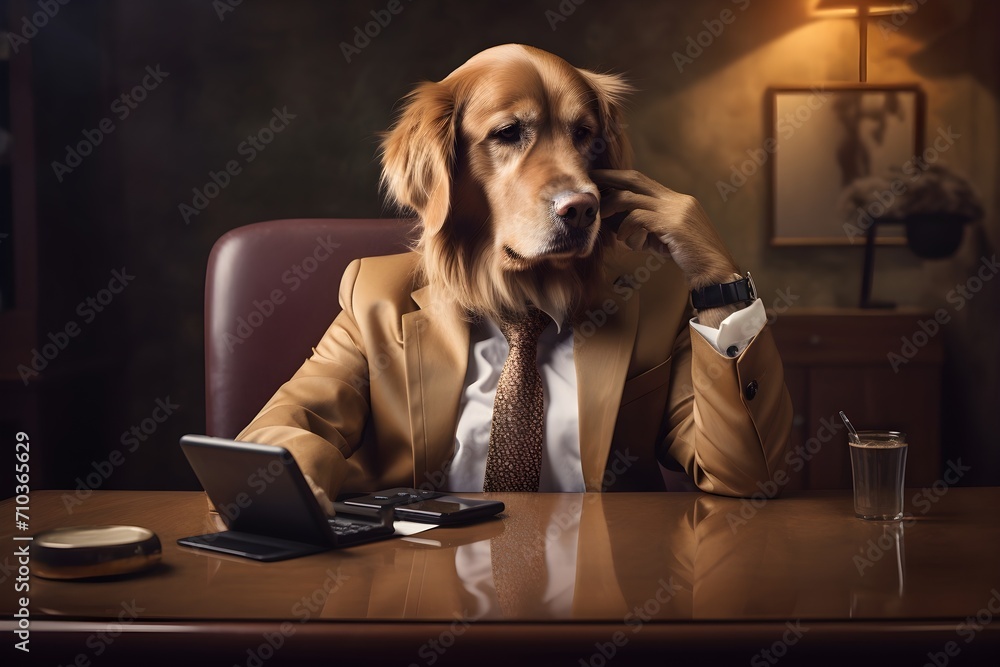dog businessman in suit sits in office and using mobile phone, Generative AI