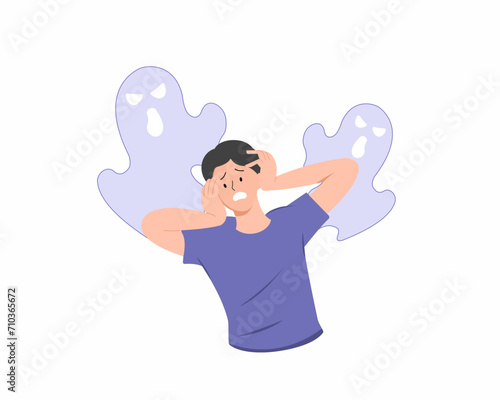 Young man feels fear anxiety Psychology and mental health Fears and phobias.