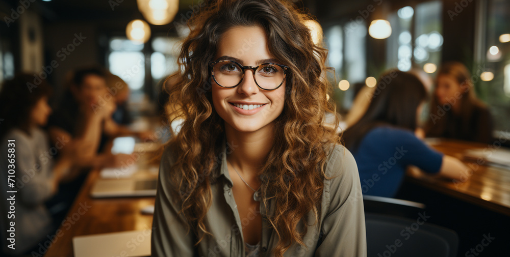 portrait of young female freelancer sitting at table in cafe portrait of young female freelancer sitting at table in cafe