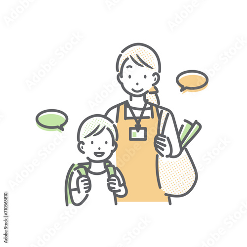子供のお迎えを代行する女性スタッフ　シンプルでお洒落な線画イラスト