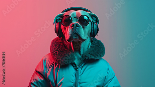 dog standing upright like a human wearing a jacket sunglasses headphones, vibrant fashion attitude #710365884