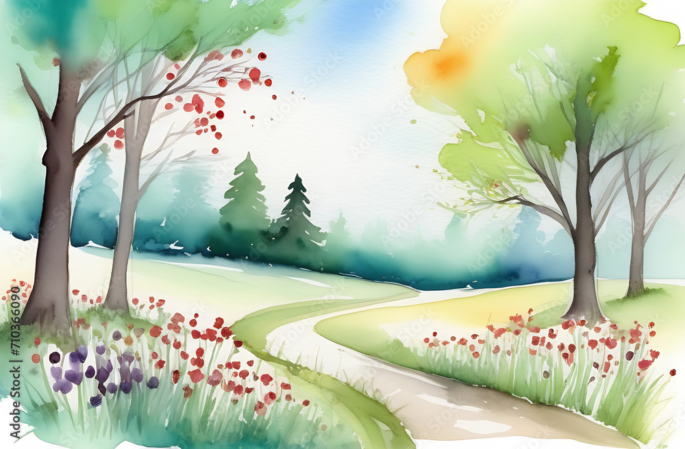 watercolor drawing of a spring landscape a path through a green meadow against a forest background