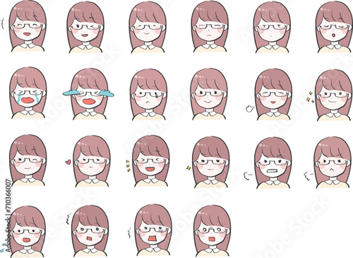 メガネ　女性　表情　バリエーション　アイコン　セット