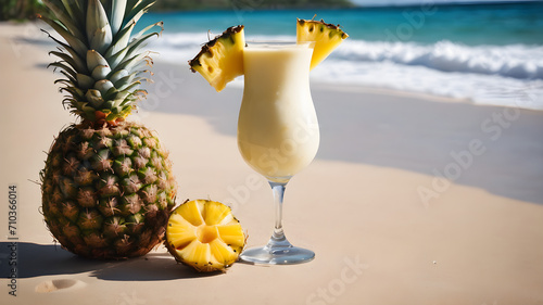 Two summer coconut milk cocktails with a slice of pineapple on the table on a sunny beach. Pina colada. Generative AI.