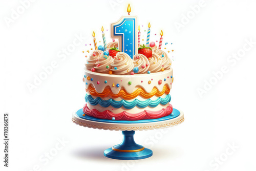 Birthday cake with number 1 on top isolated on solid white background. ai generative