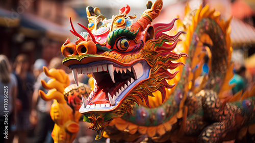 Chinese dragon, Chinese lion at the Chinese New Year celebration. © Leokensiro