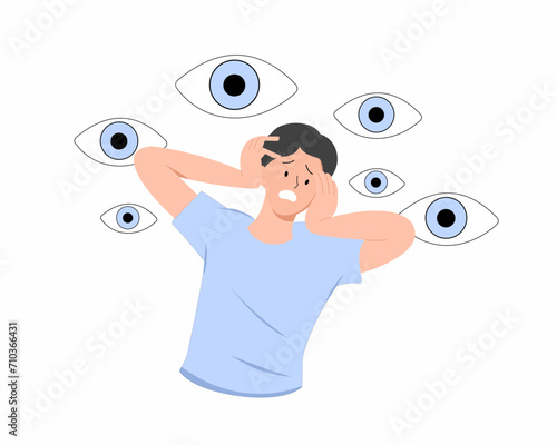 Sad and depressed men surrounded by giant eyes feeling social pressure mental health Fears and phobias