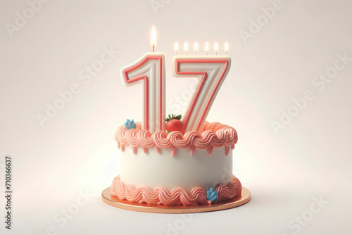 Birthday cake with number 17 on top isolated on solid white background. ai generative photo